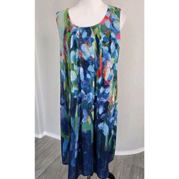 Claire Desjardins Abstract Art to Wear Floral Dress Blue Sleeveless Flowey Sz M - Picture 5 of 11
